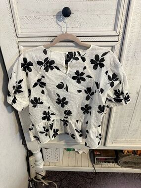 POPSUGAR White Peplum Top with Black Floral Print